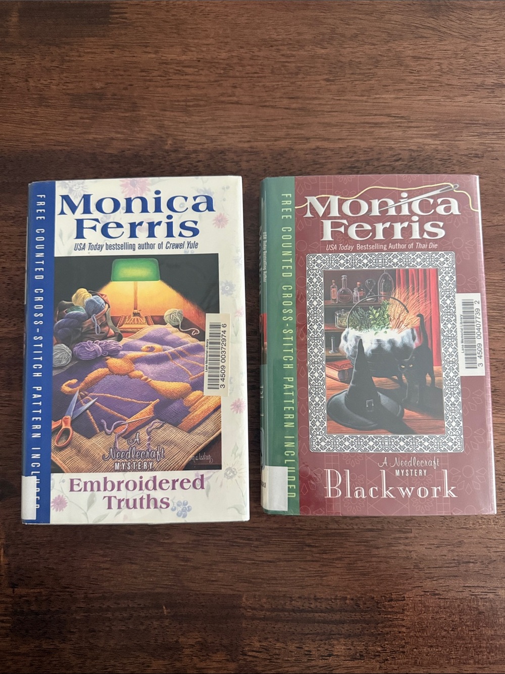 2 Hardcover books by Monica Ferris Blackwork & Embroidered Truths